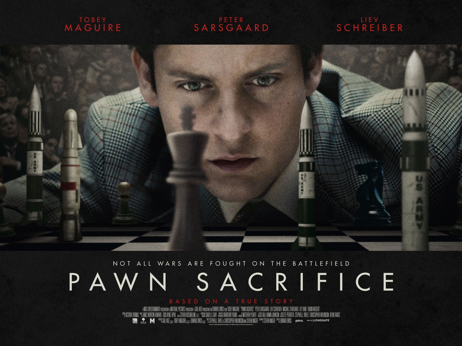 Pawn Sacrifice poster, featuring Tobey Maguire behind chess pieces and missiles